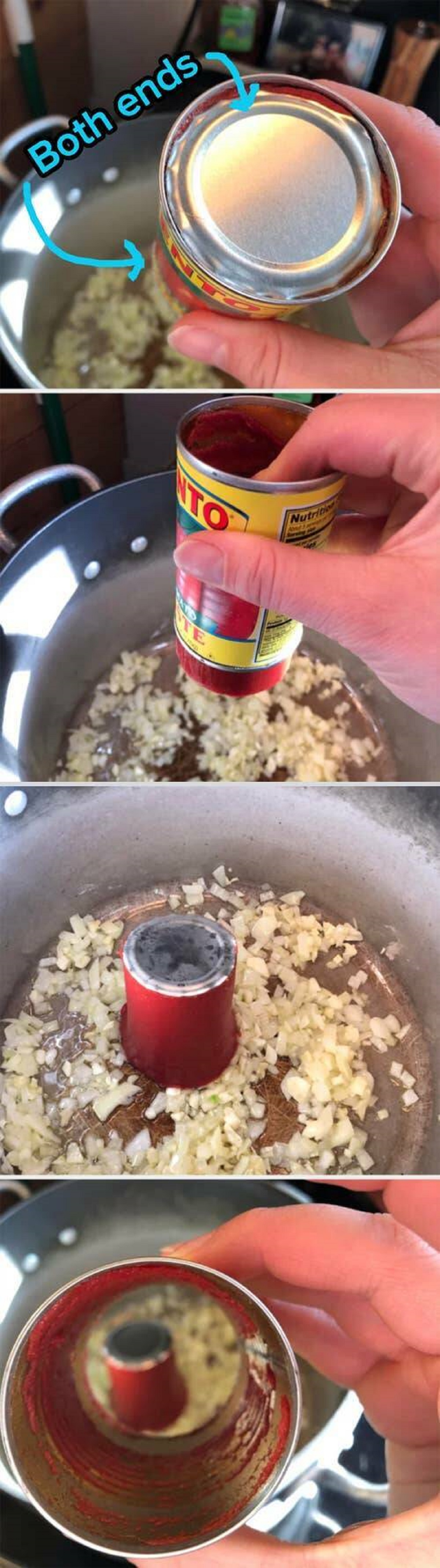 "Canned tomato paste hack. Open both ends of the can, then push the contents out. Voilà."