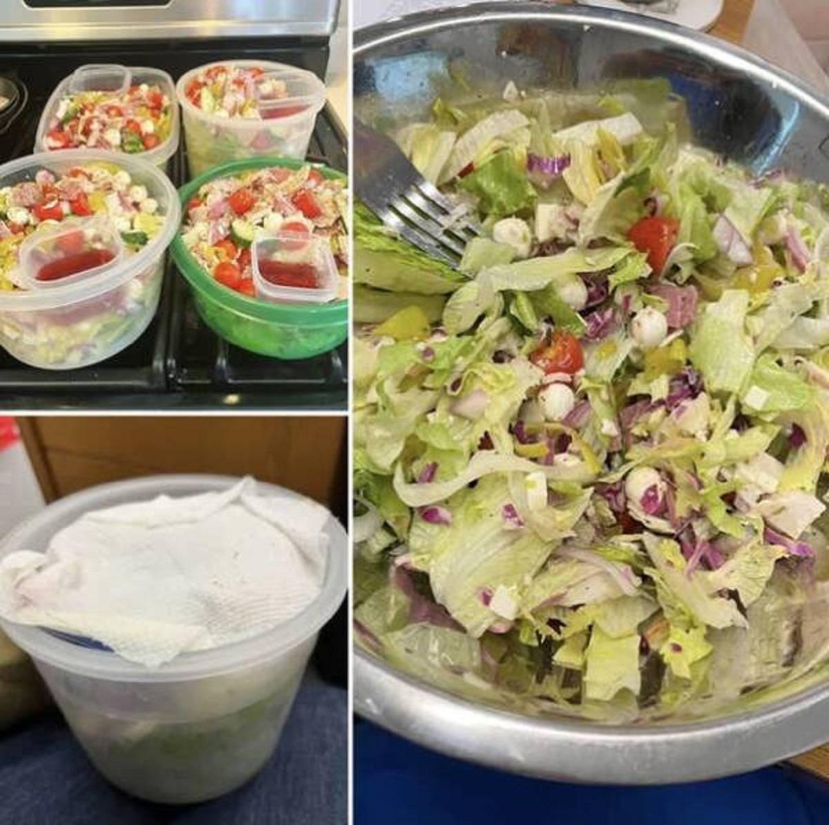 "If you want to keep a salad fresh days after making it, put a paper towel on top of it, right under the lid. It'll absorb moisture. The picture on the right is on day four."