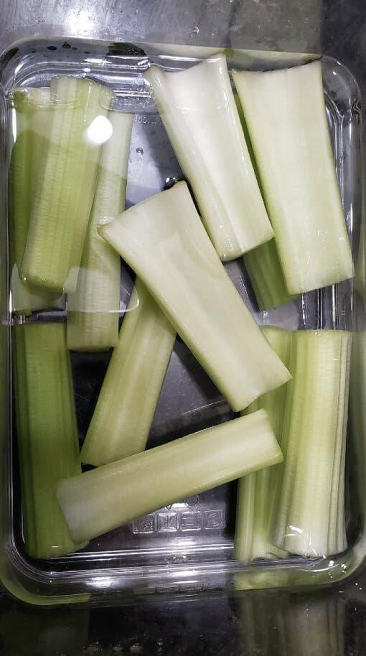 "Cut celery and place it in water for storage. Lasts longer and stays crispier."