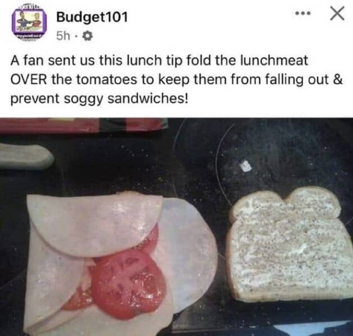 "To keep your sandwich from getting soggy and the toppings from sliding over the place, put the slippery ones (like pickles, tomatoes, onions, etc.) inside the deli meat like a little envelope:"