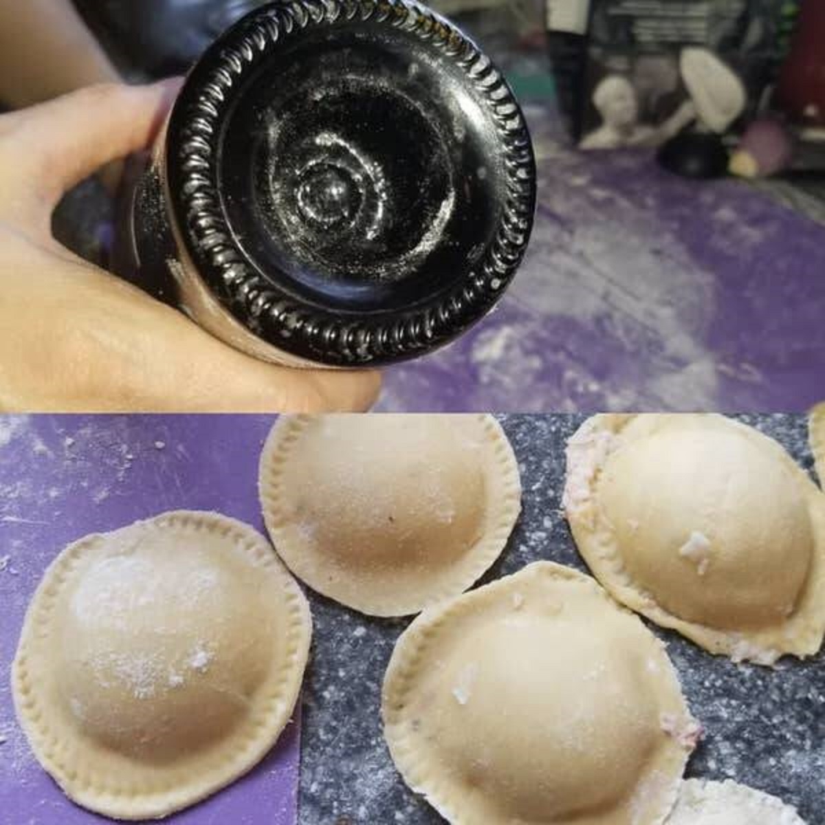 "You can use the bottom of some wine bottles as a homemade ravioli press. The bottom of this J. Lohr wine bottle (as well as any similar-shaped bottle) makes a great press."