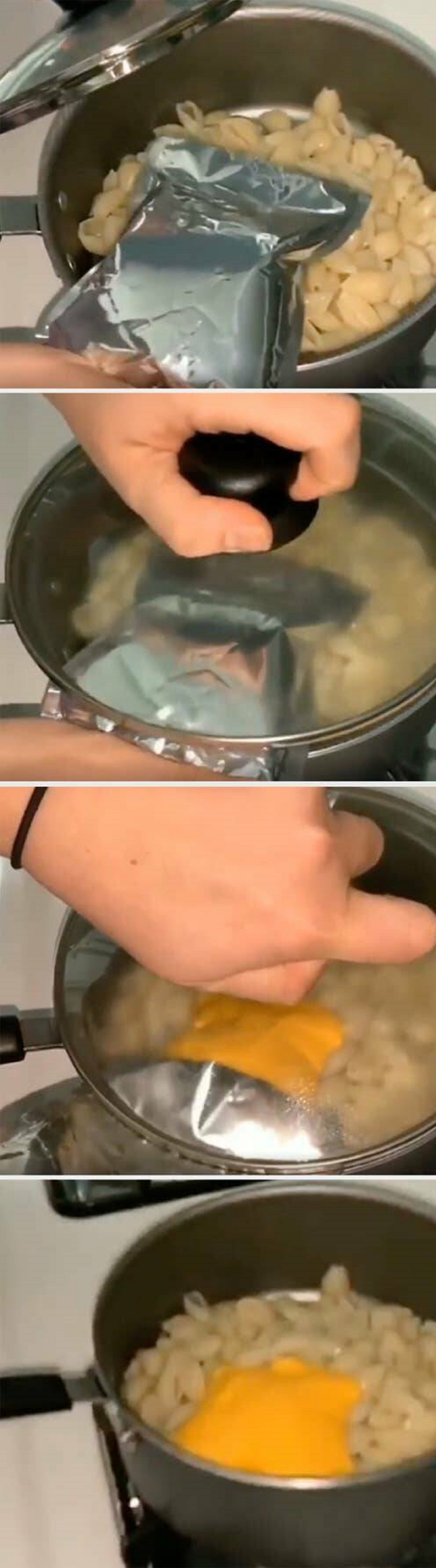 When trying to get sauce out of a pouch (such as with this mac 'n' cheese), use the lid of your pot to easily squeeze out every last bit of it."