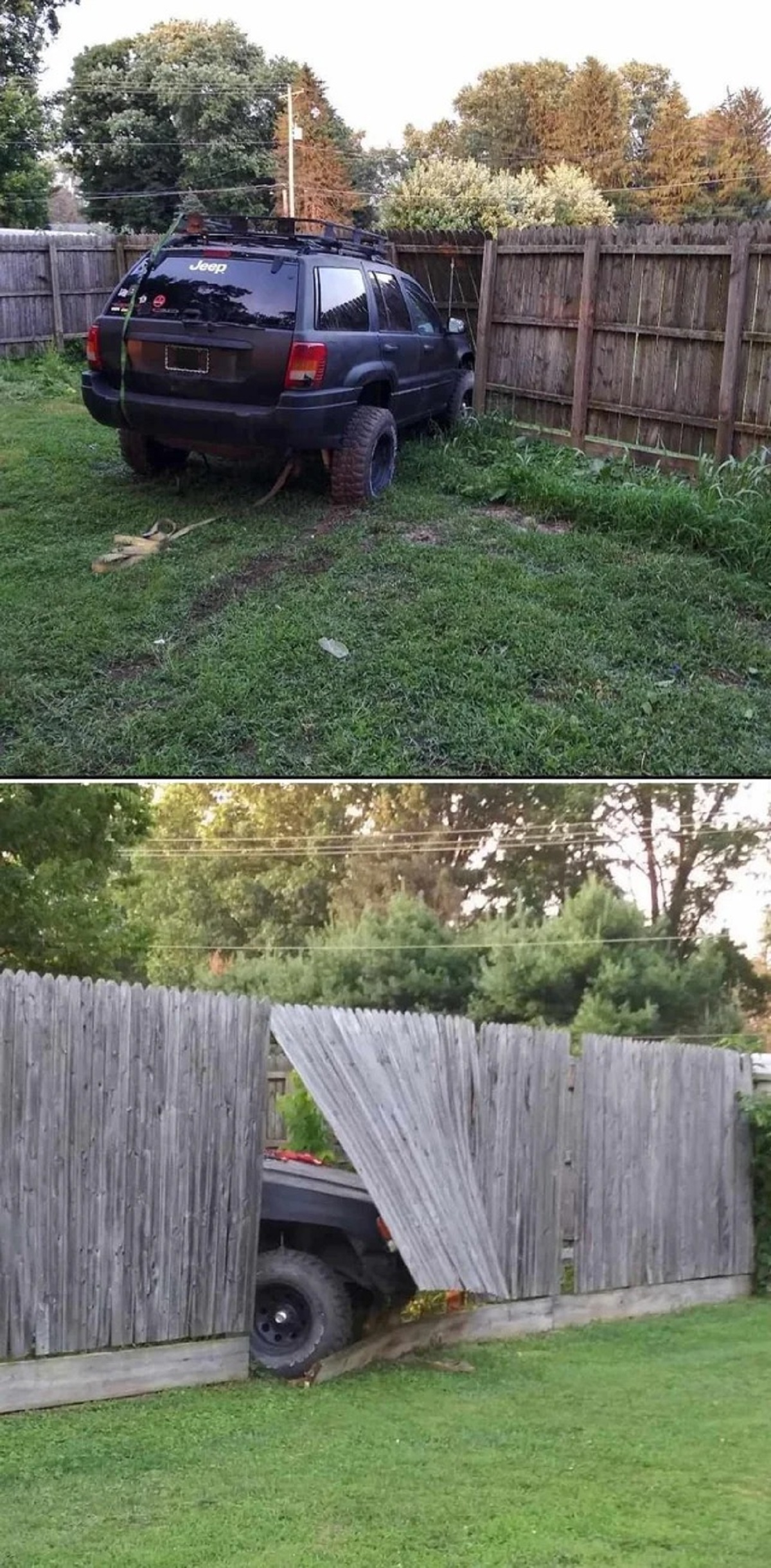 My 15-year-old son decided to move his sister's Jeep behind the garage to make room for another vehicle, but he “forgot” it had no brakes. So, this happened to my fence.