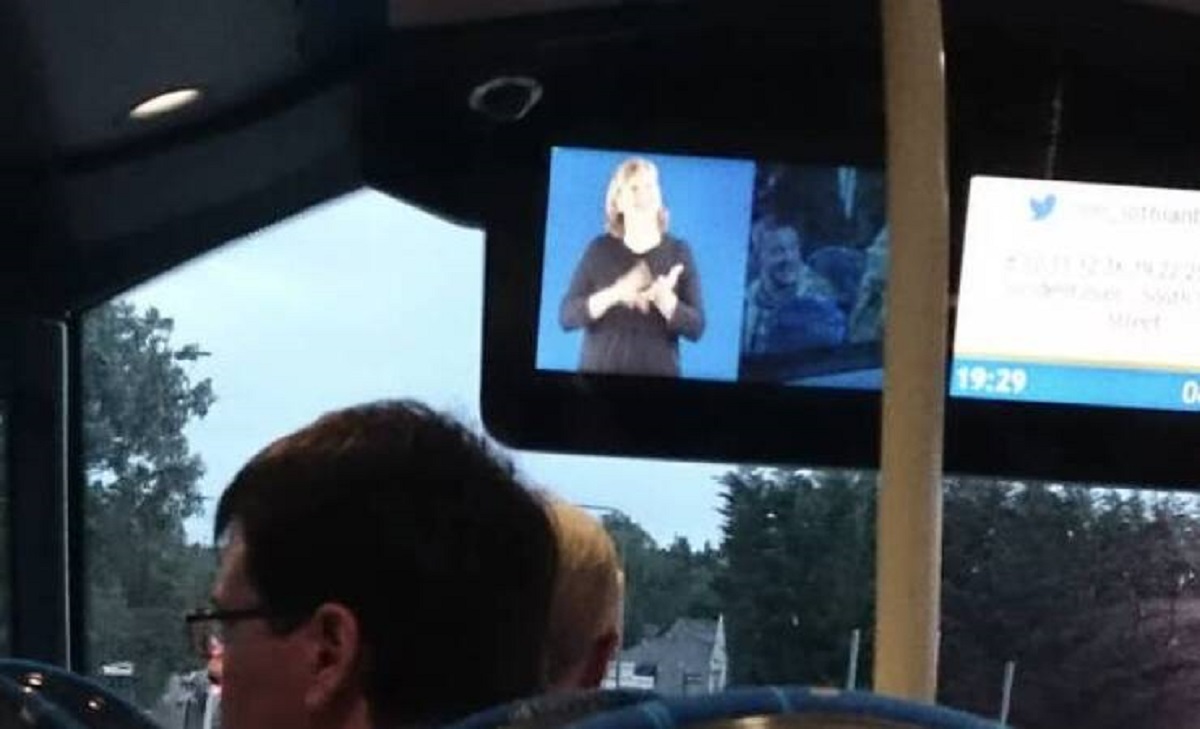 In Edinburgh, buses have monitors showing sign language for important announcements