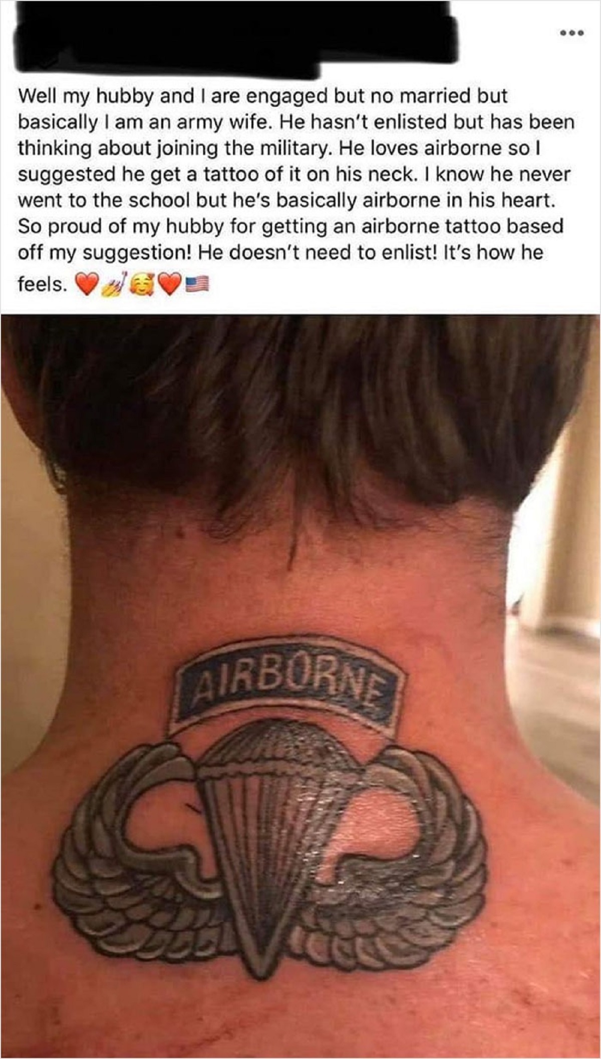 cringe pics - tattoo - Well my hubby and I are engaged but no married but basically I am an army wife. He hasn't enlisted but has been thinking about joining the military. He loves airborne so I suggested he get a tattoo of it on his neck. I know he never