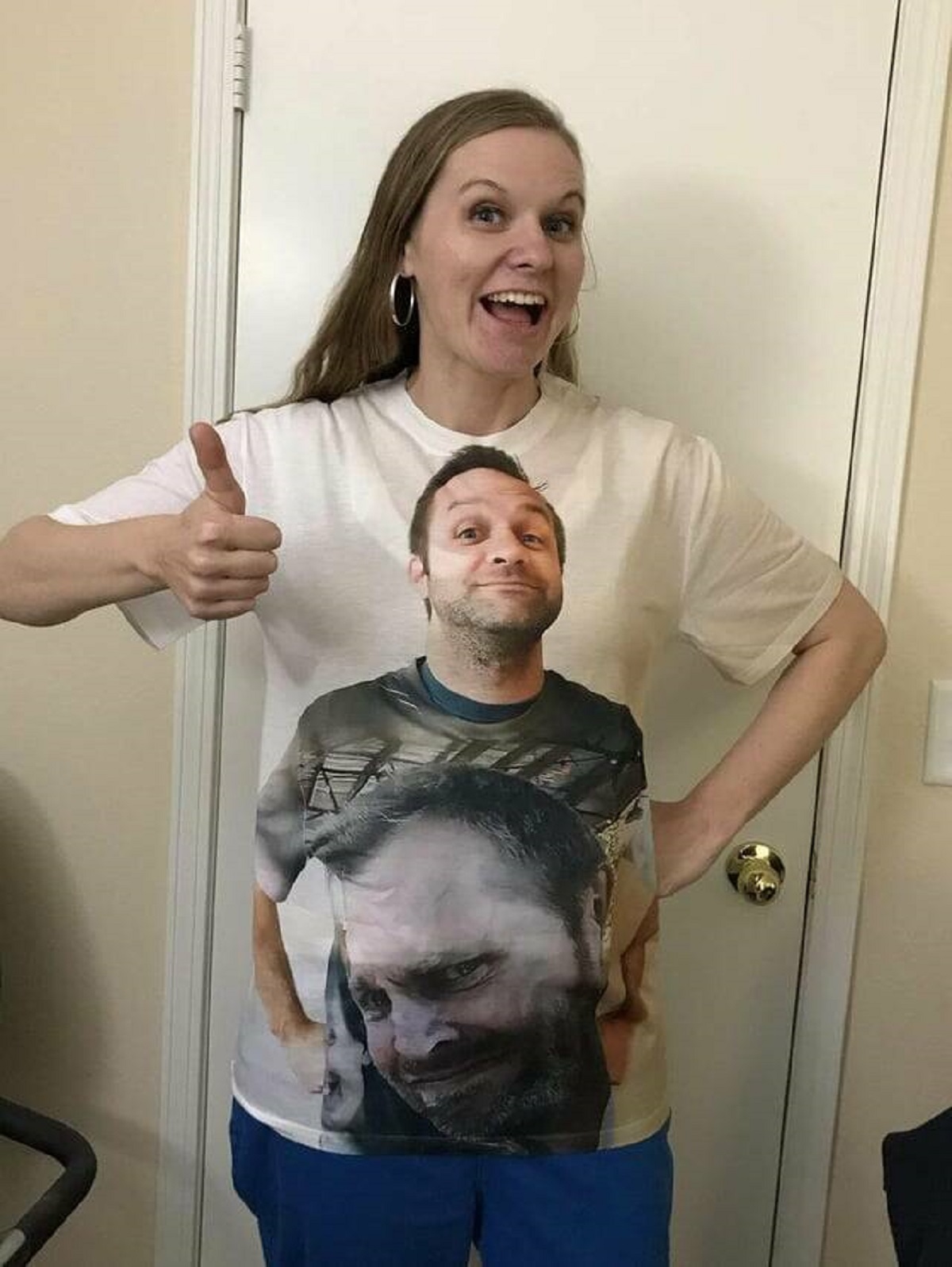 "My sister wearing a shirt of me wearing a shirt of my brother."