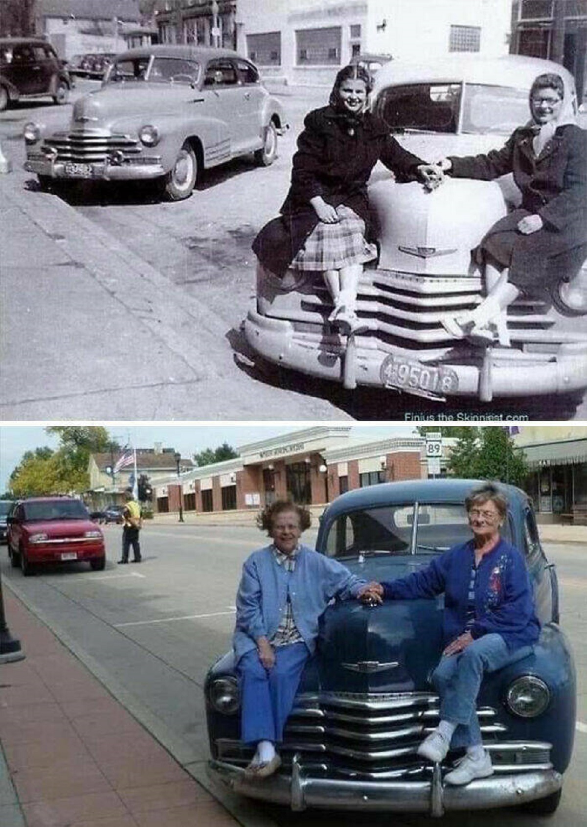 "Sitting On Their 1947 Chevrolet In Front Of A Diner, And Then 63 Years Later"