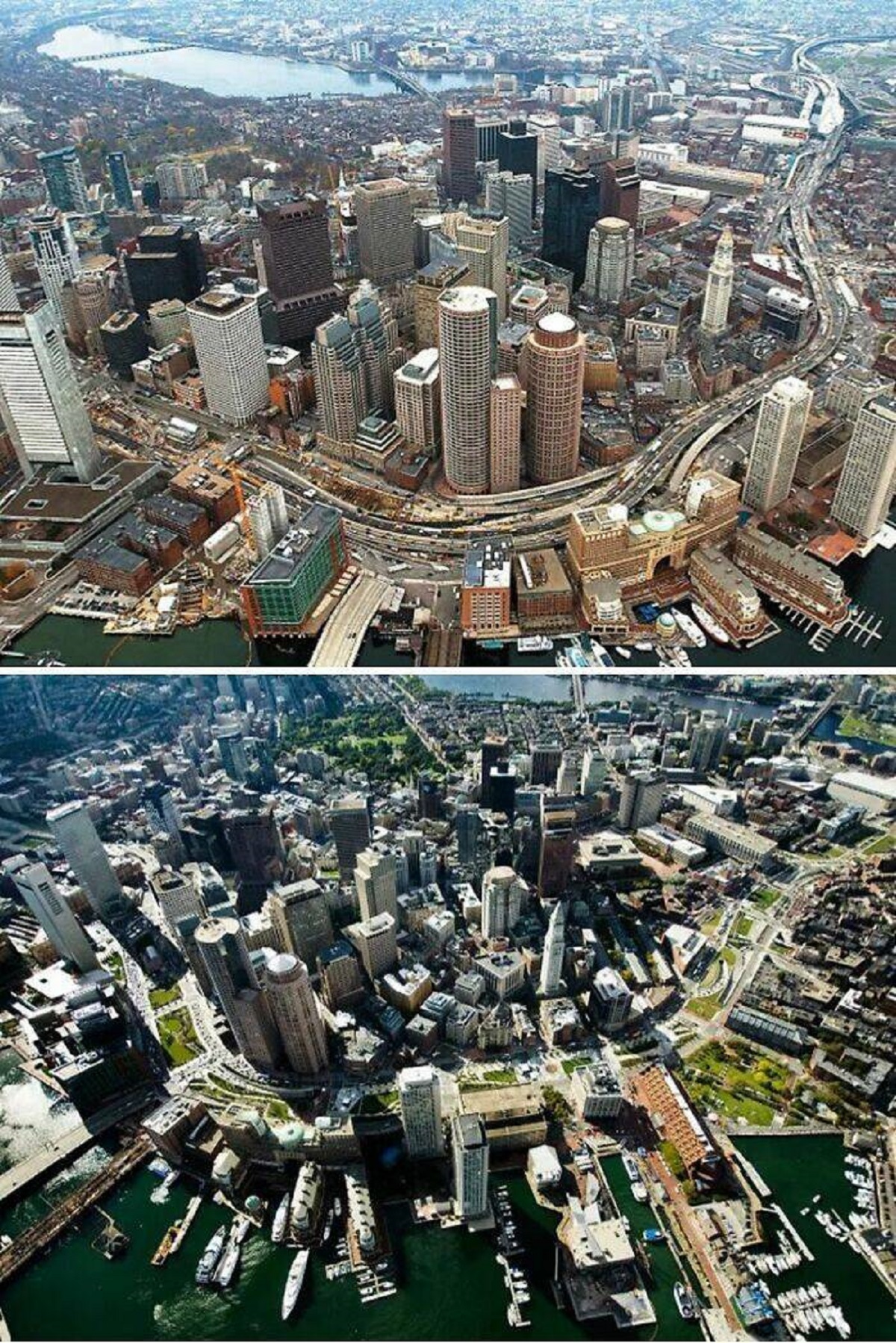 "Boston - Elevated Highway Moved Underground, Replaced With Green Space. (1990s V. 2010s)"