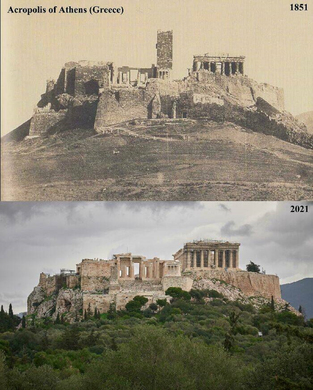 "Acropolis Of Athens (Greece) 1851 vs. 2021"