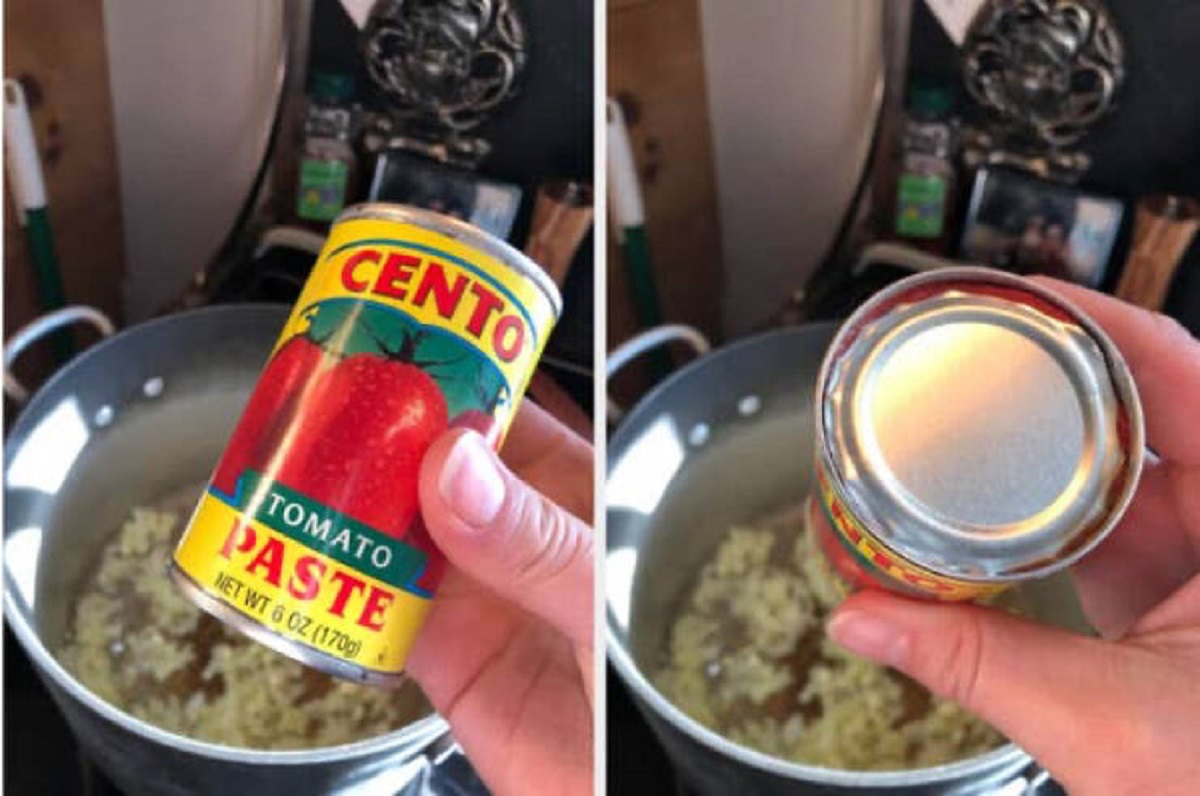 "Canned tomato paste hack. Open both sides of the can and…"