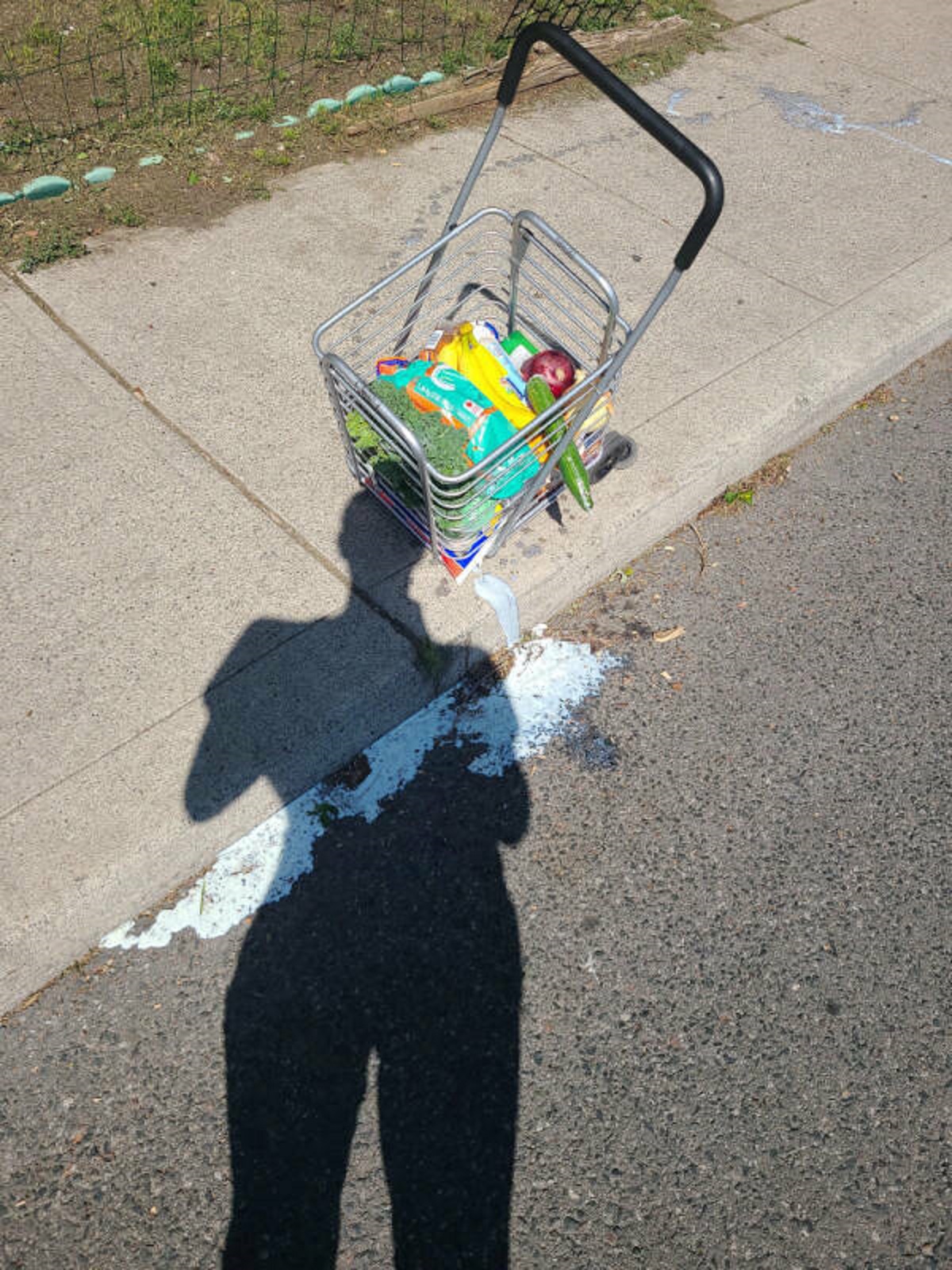 “Wheel on grocery cart broke and popped milk bag”