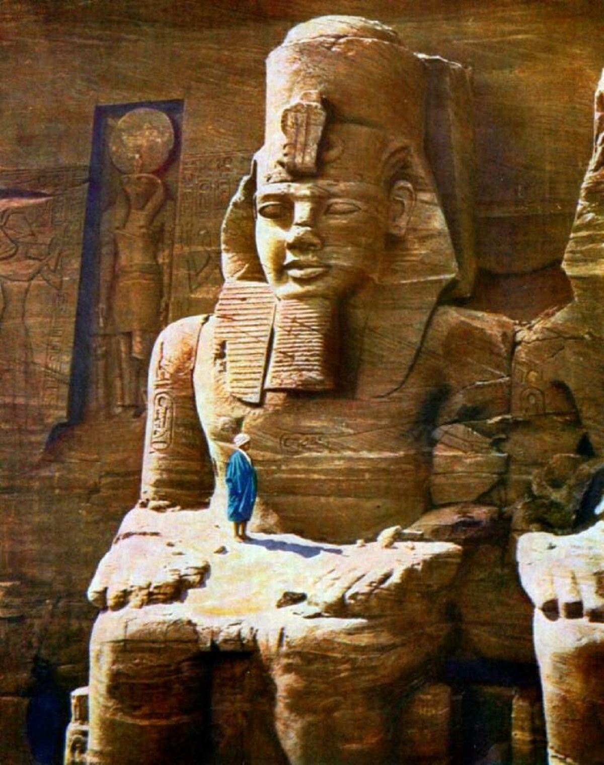 This colorized picture of Ramses II's Great Temple at Abu Simbel in Egypt, taken circa 1865, shows just how enormous the colossal statues in front of the entrance are: