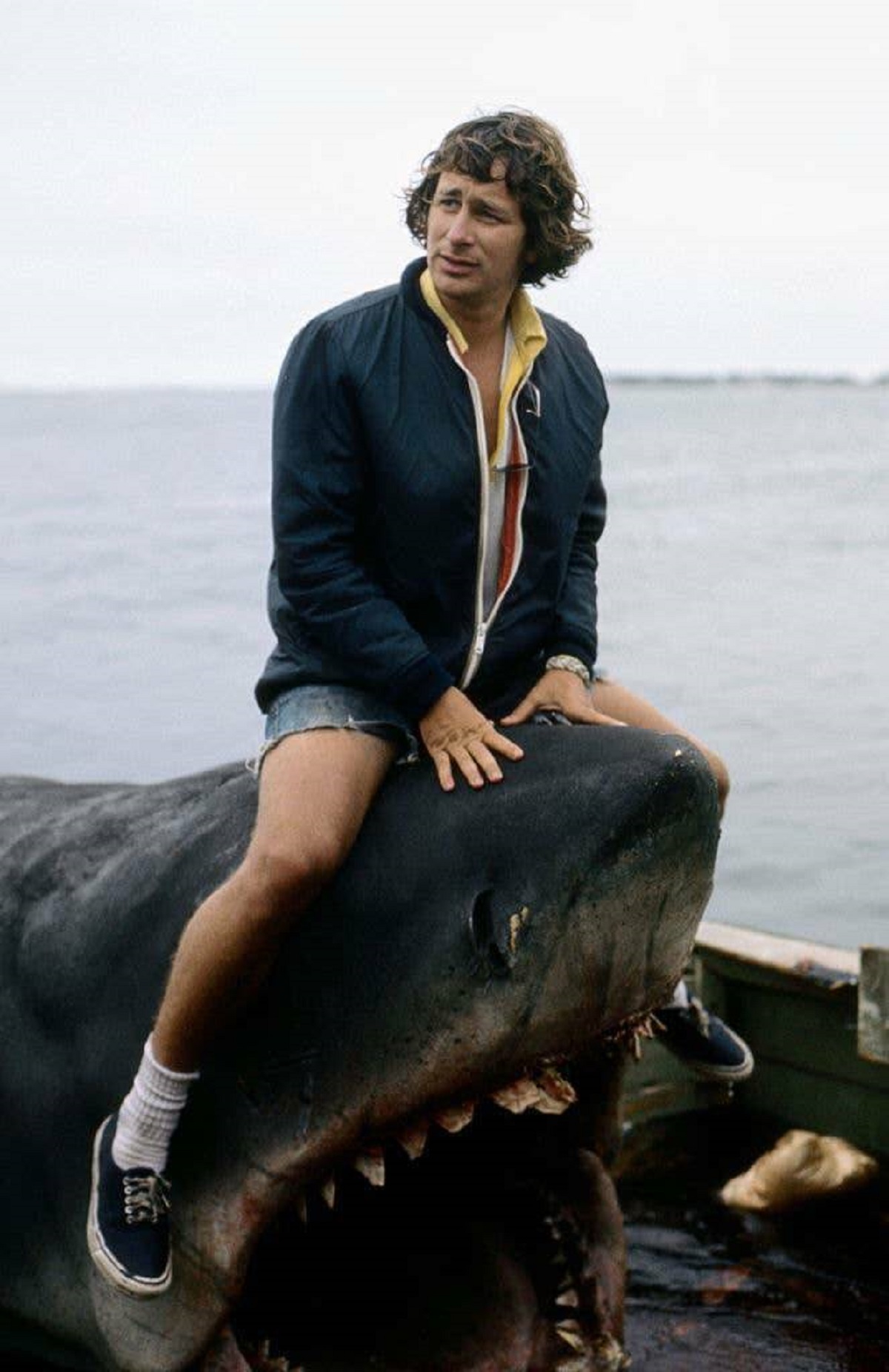 This is Steven Spielberg on top of Bruce, the animatronic shark that, well, played Jaws in Jaws: