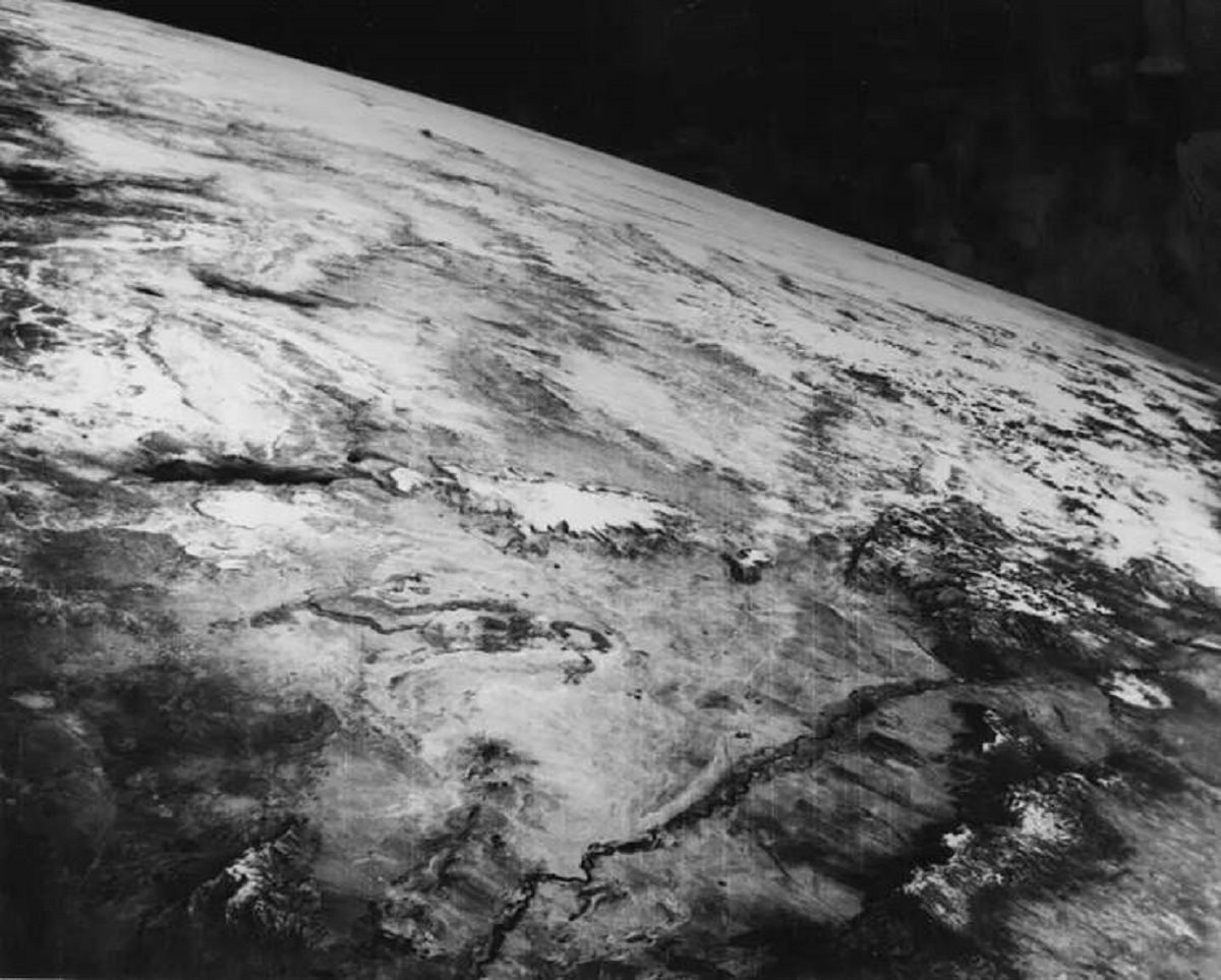 This picture, taken in 1946, is one of the first images of Earth ever taken from space:

It was captured from a 35-millimeter camera attached to a V-2 rocket.