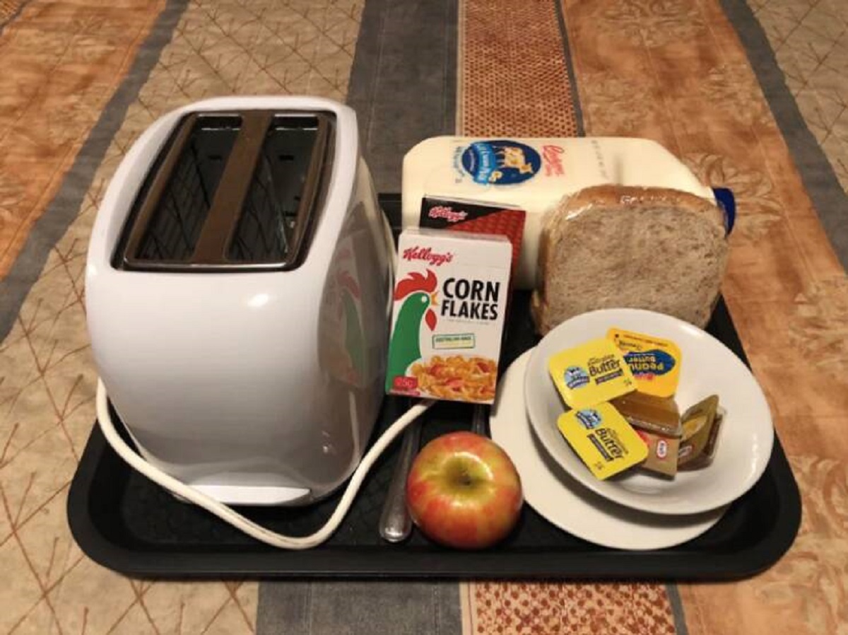 “A motel served me this breakfast tray for $15 and it has a toaster, and a 2 liter container of milk.”