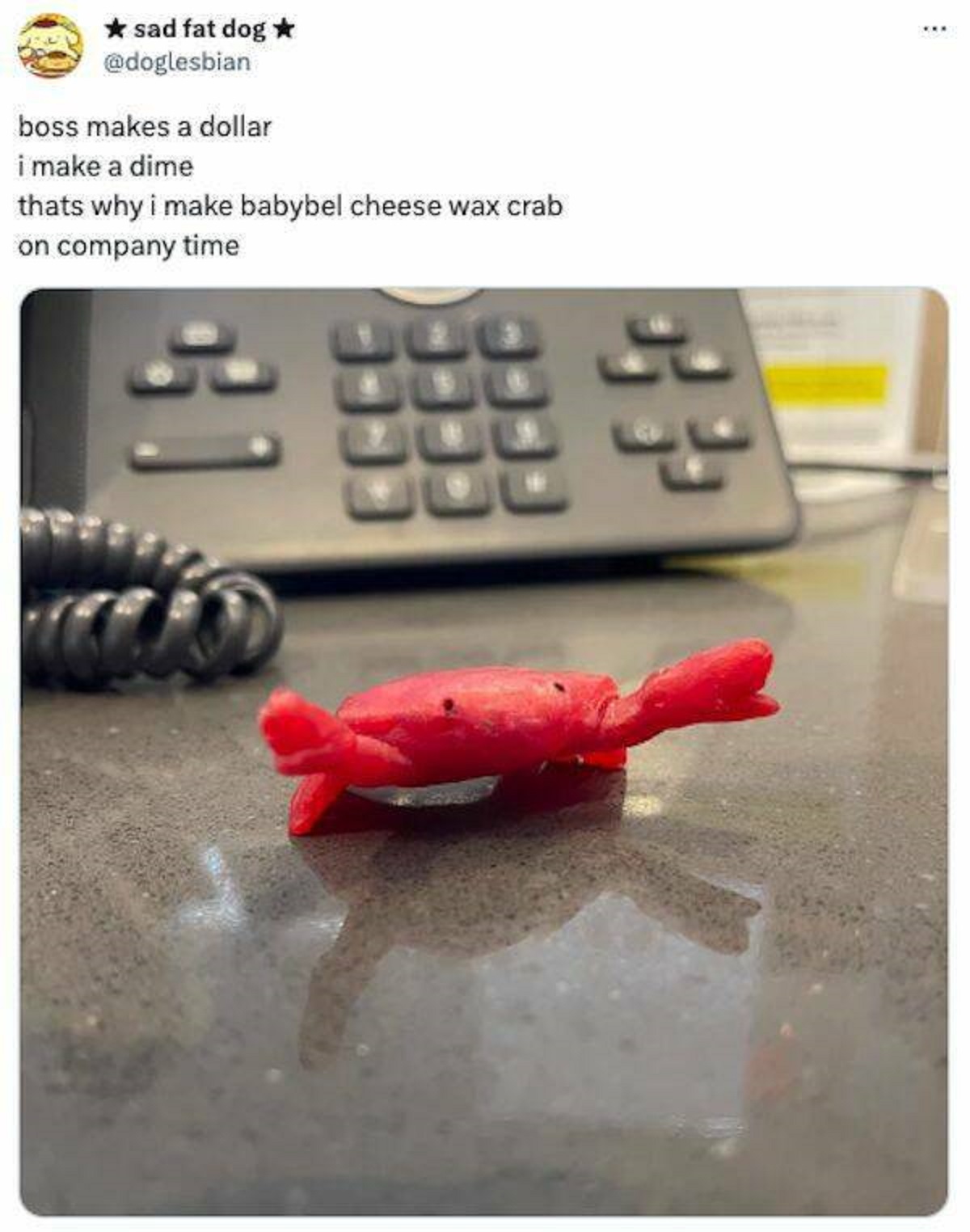 funny tweets - sad fat dog . boss makes a dollar i make a dime thats why i make babybel cheese wax crab on company time