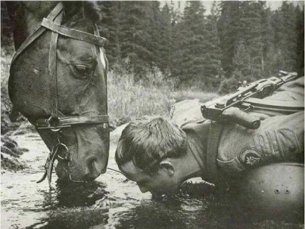 "Polish Border Guard And His Horse Drinking Water From The Stream In The Bieszczady Mountains During A Patrol, 1980"