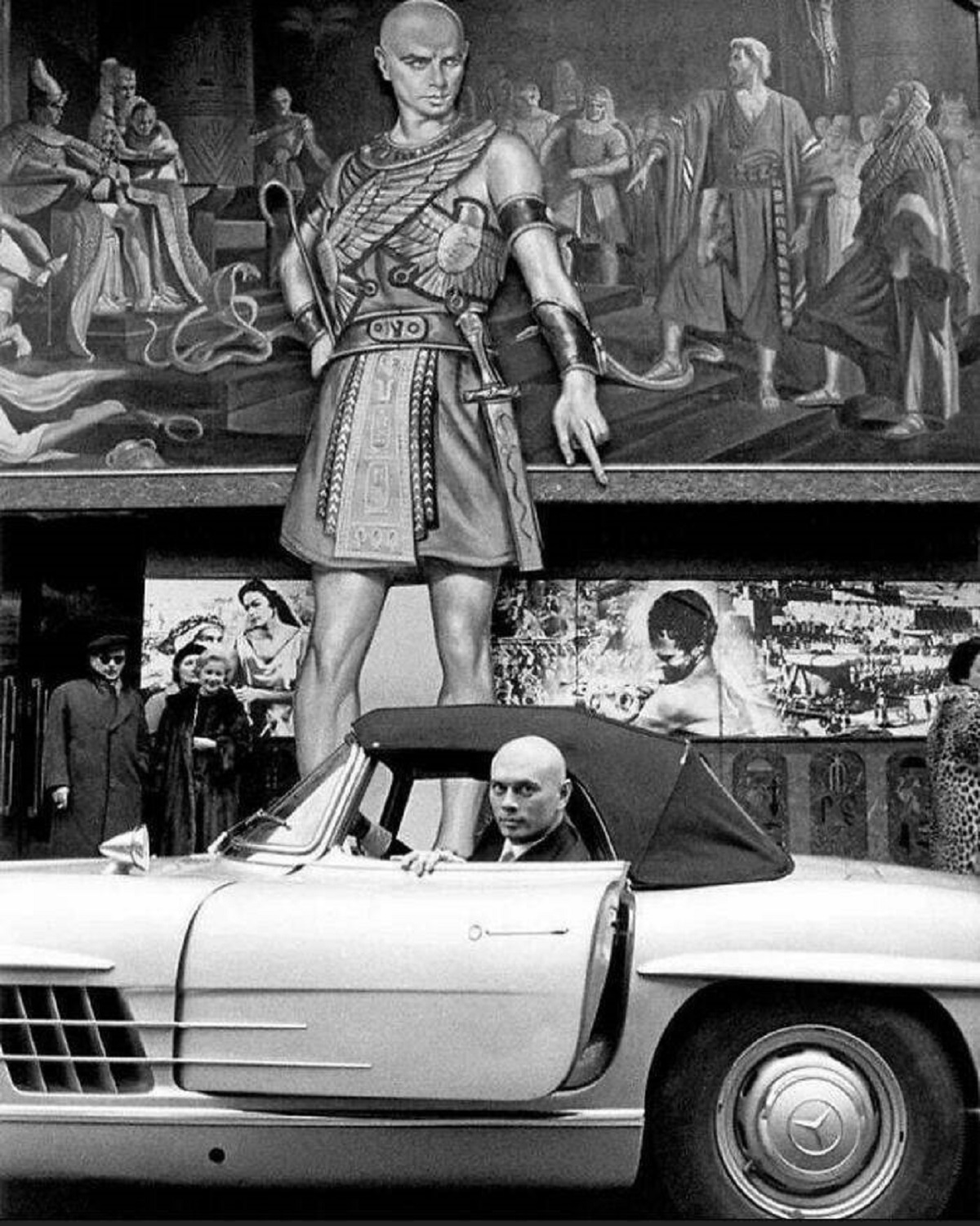"Actor Yul Brynner Arriving To The Premiere Of The Movie "The Ten Commandments" In His Mercedes 300 Sl Roadster, 1956"