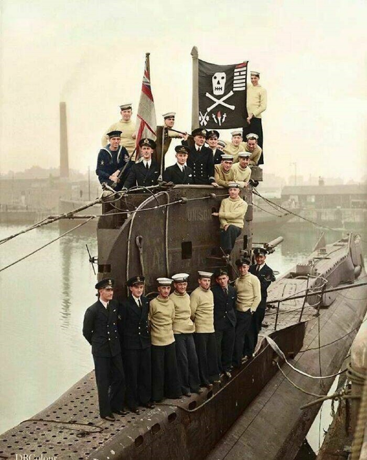 "The Crew Of British Hm Submarine ‘Unison’ Display Their ‘Jolly Roger’ At Devonport, Plymouth, Having Returned From A Successful 16 Months In The Mediterranean. 1943, World War II"