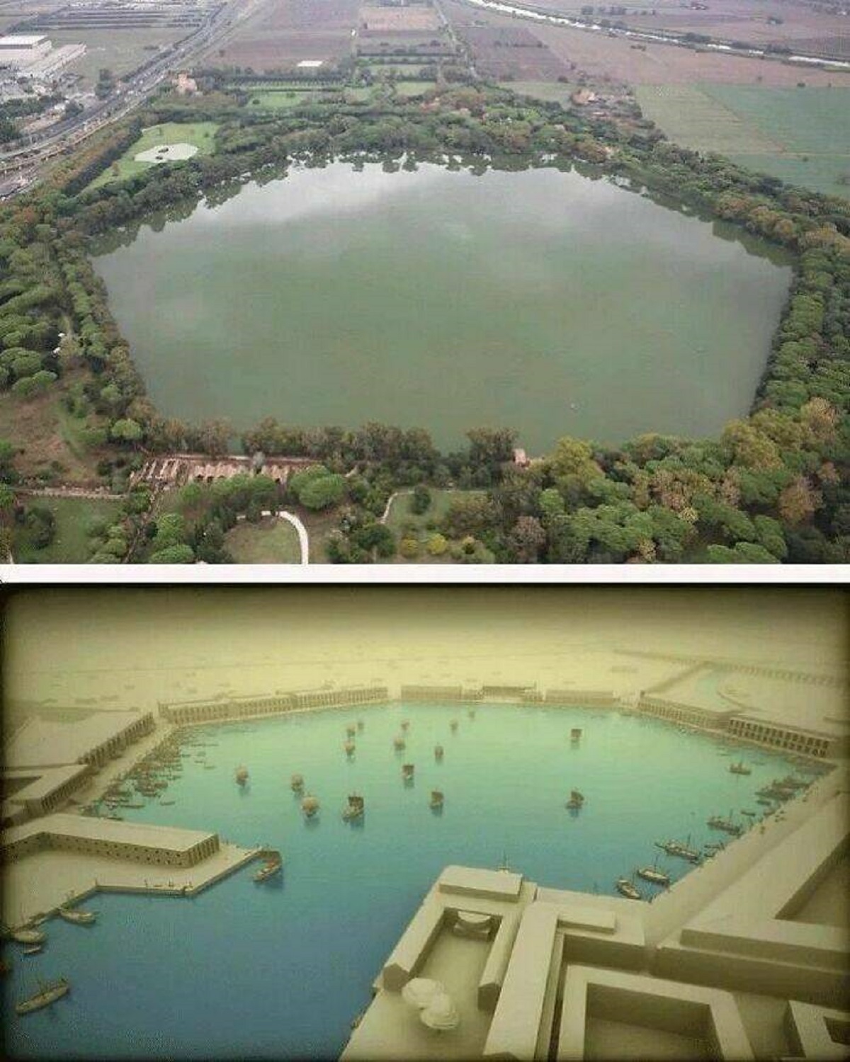 "Portus, Roman Empire's Imperial Port, As It Would Have Appeared In The Past Compared To Today. The Port Was Established By Emperor Claudius, And Enlarged By Emperor Trajan, To Supplement The Nearby Port Of Ostia"
