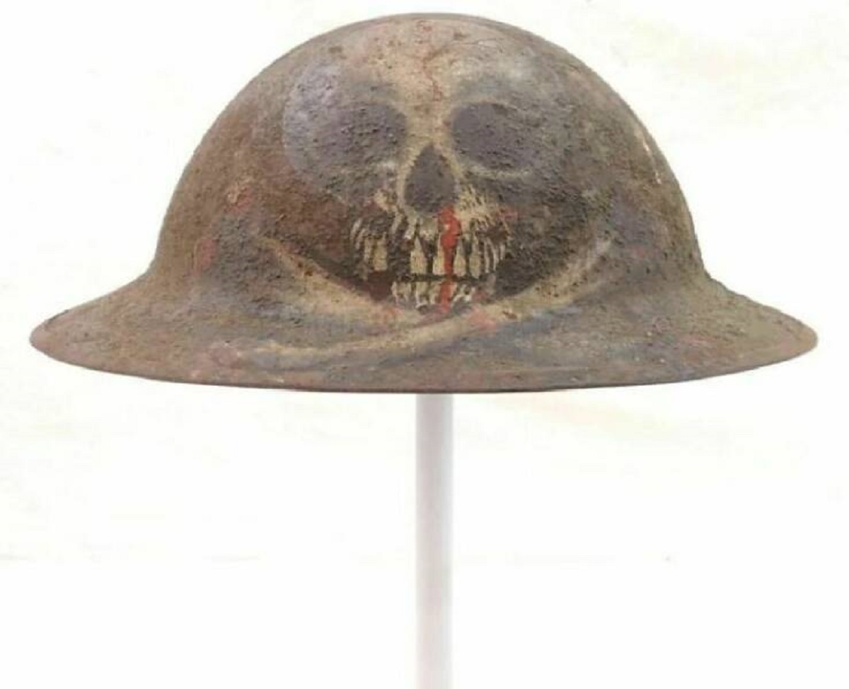 "World War I Us Army Helmet With Skull Trench Art On The Front"