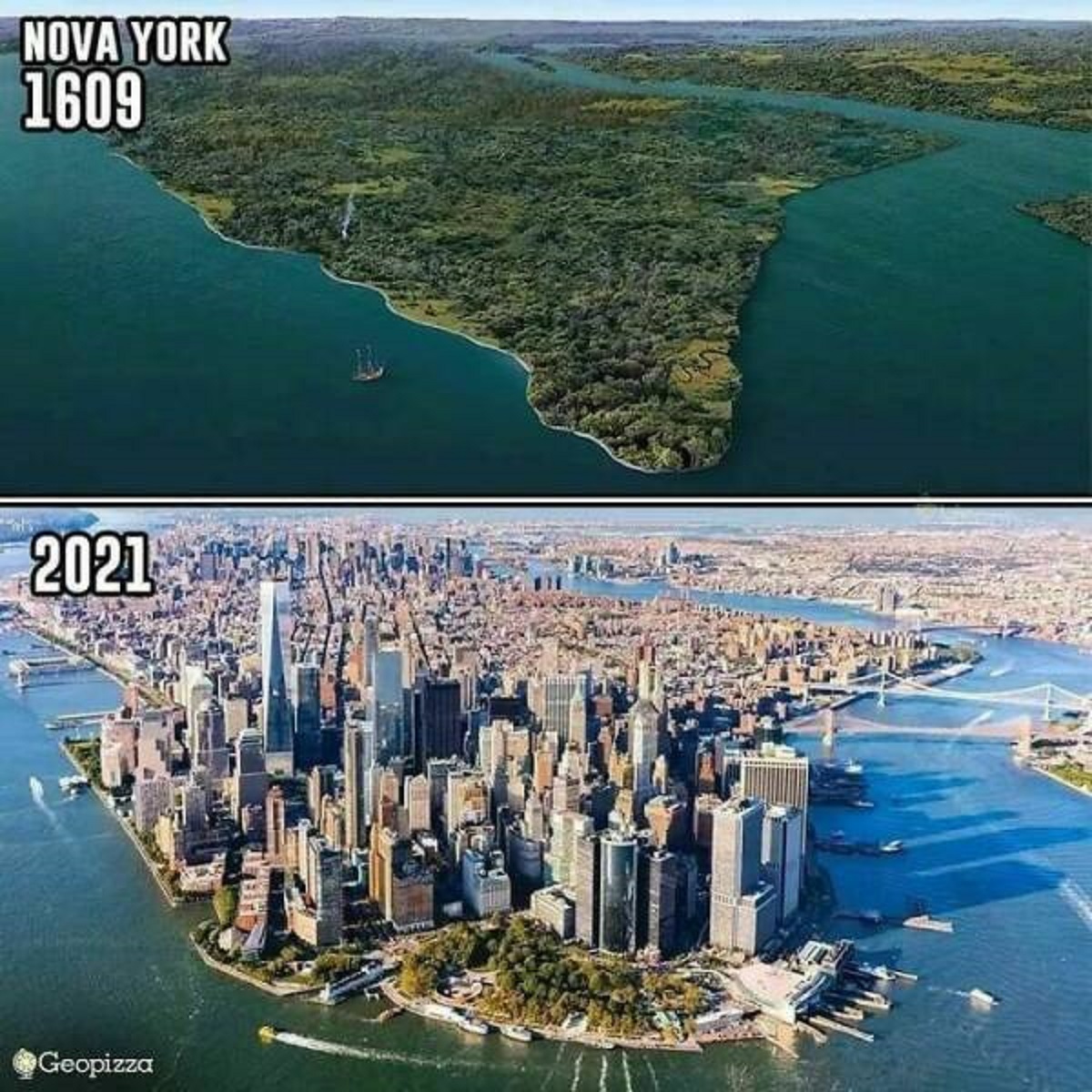 "Digital Reconstruction Of Untouched Manhattan, New York, In Year 1609, In Comparison To Year 2021"