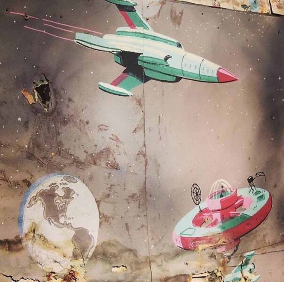 "This Vintage Space Themed Wallpaper Found Under 3 Layers Of Other Wallpaper In An Old Farm House"