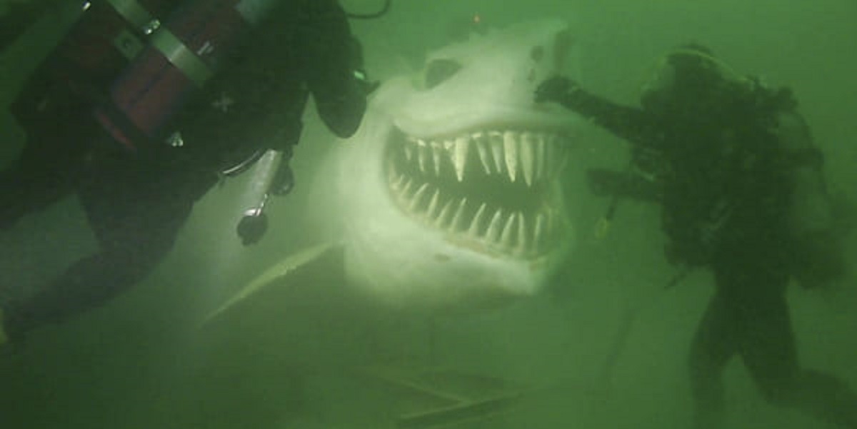 “Underwater shark statue at Lake Neuchâtel”
