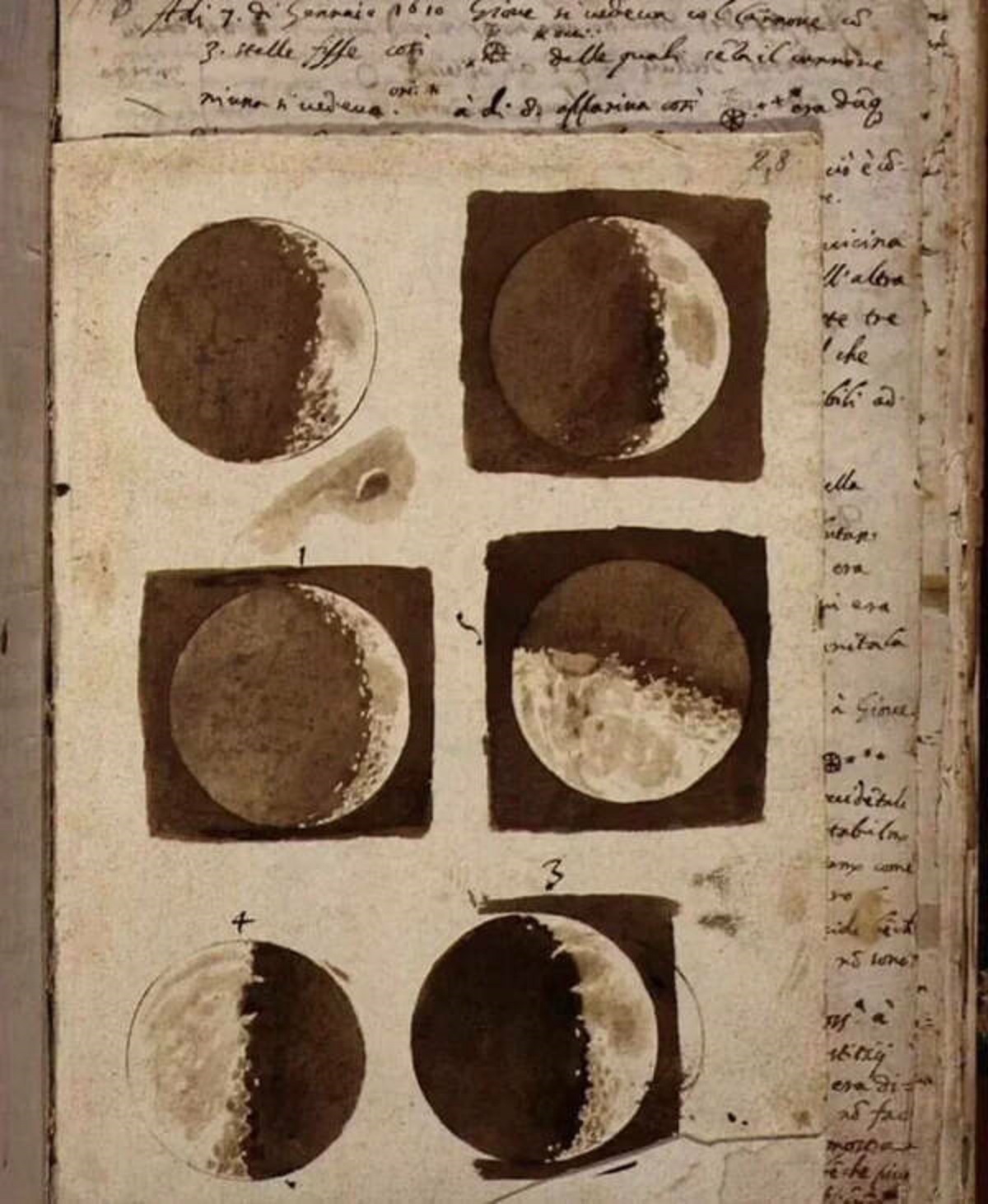 "These are the first detailed drawings of the moon by Galileo Galilei after he observed them through his homemade telescope in 1609."