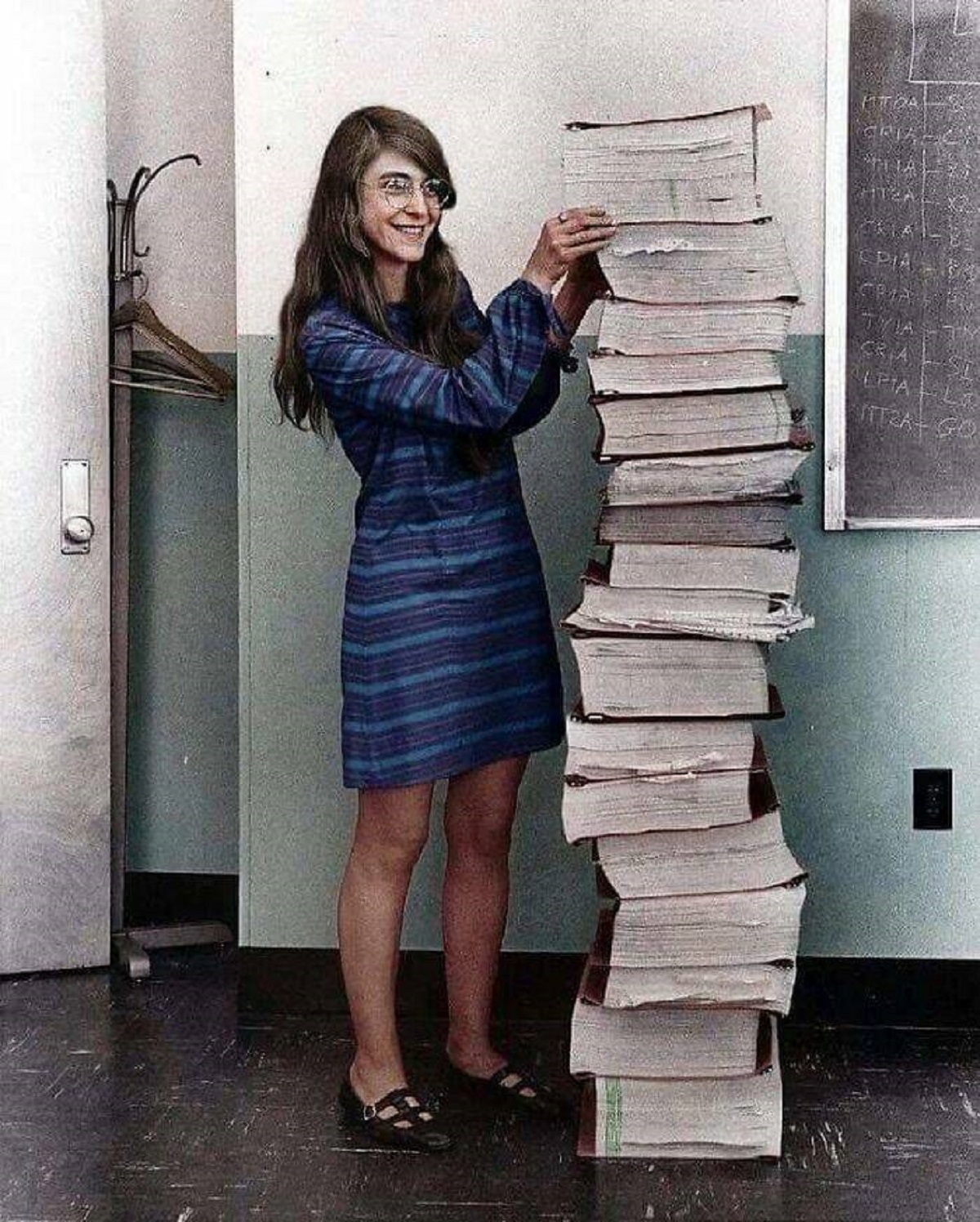 "Margeret Hamilton, Lead Software Engineer Of The Apollo Project, Standing Next To The Code She Wrote By Hand That Helped Take Us To The Moon. 1969"