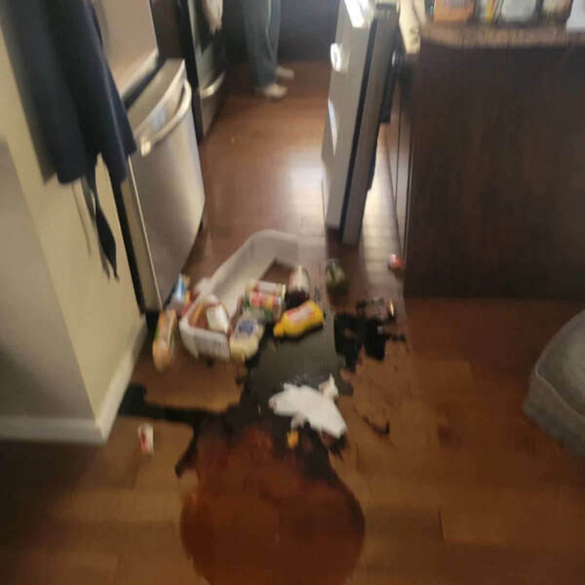 “The door fell off the fridge and smashed full bottles of maple syrup and soy sauce.”