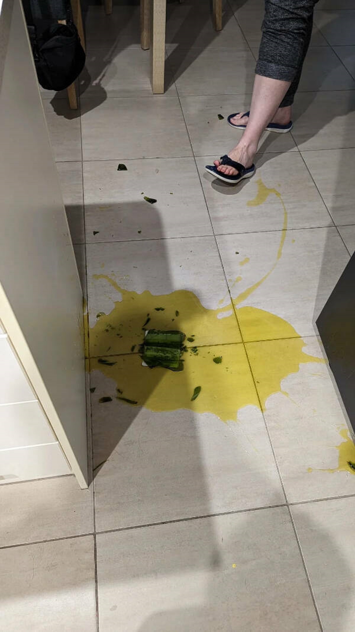 “Just finished cooking dinner and knocked an entire bottle of olive oil on the tiles.”