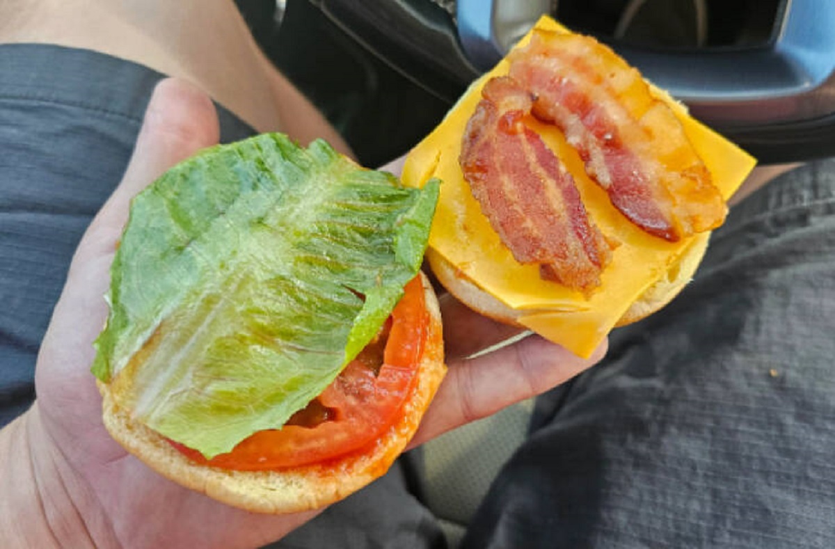 “I ran to Wendy’s for a quick bite between meetings. After a long wait I got my order and drove back to work. There, I discovered that they had forgotten to add the burger to my burger.”