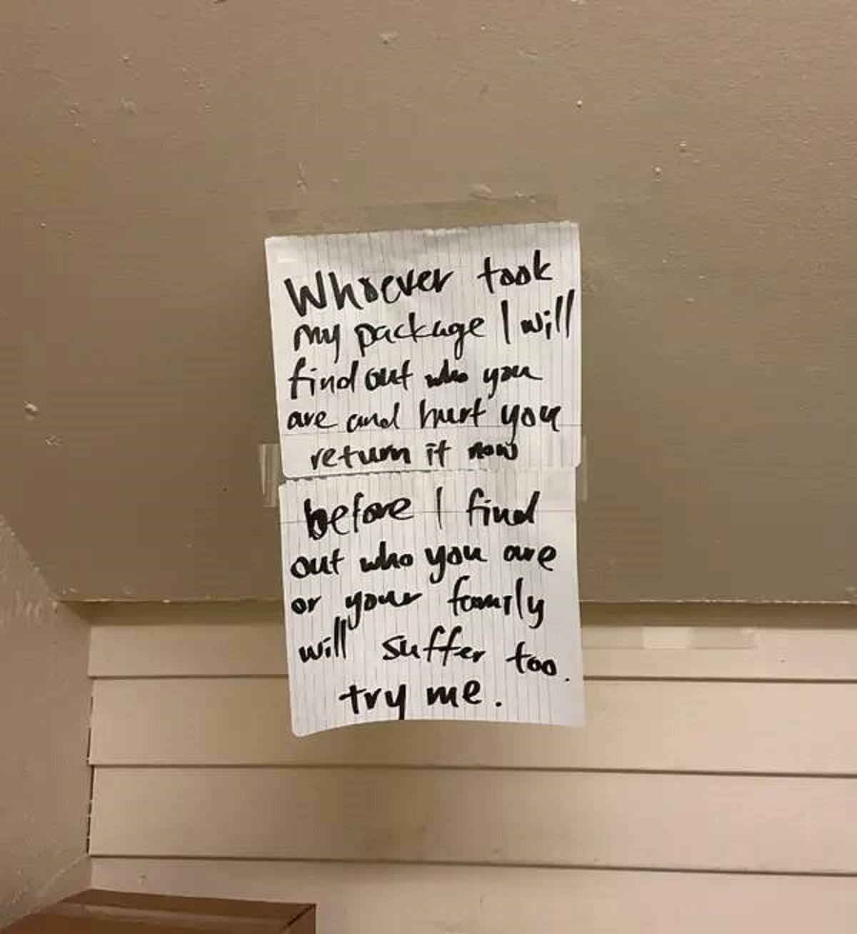 This person's neighbor will not tolerate the building's package thief: