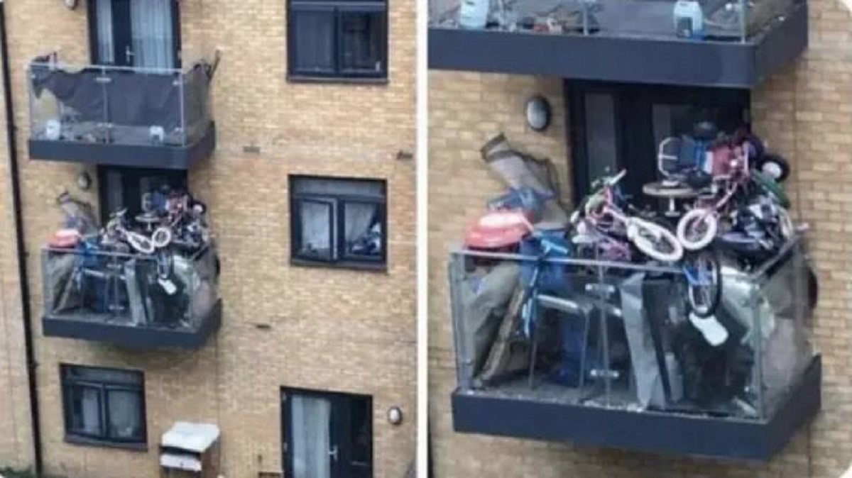 This person's neighbor is hoarding bikes, scooters, chairs, and other random items on their balcony: