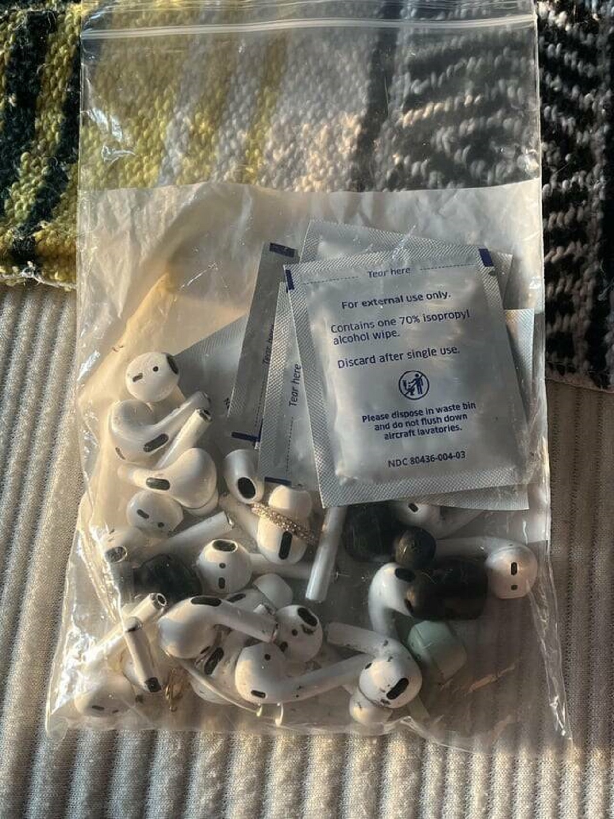 "The amount of lost earbuds my boyfriend found today on one commercial plane"