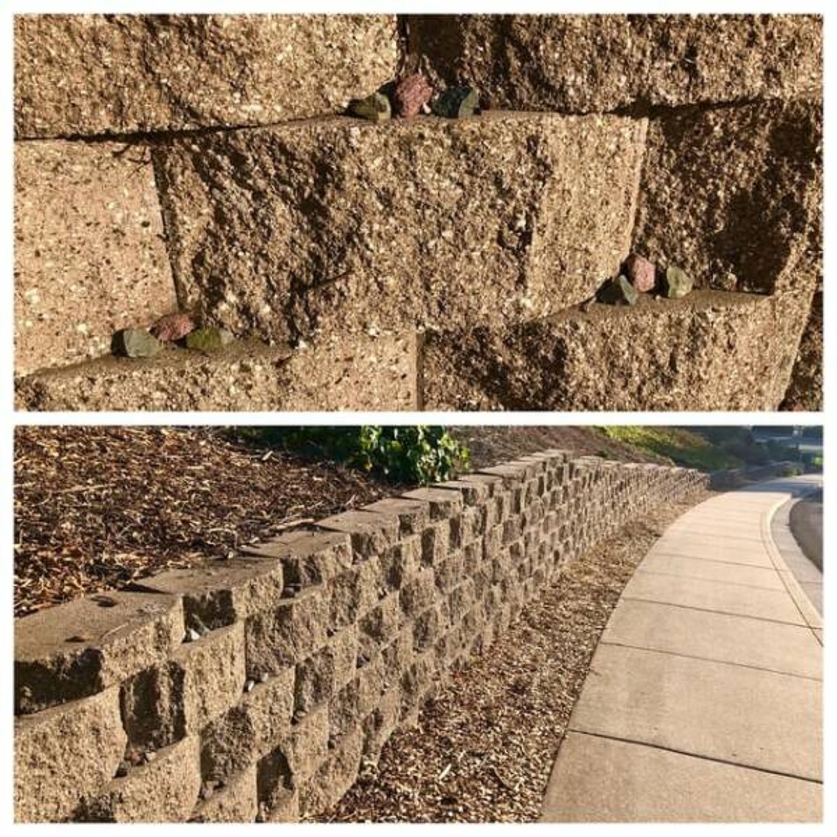 "Someone placed 3 color-coordinated rocks on almost every single ledge along this retaining wall"