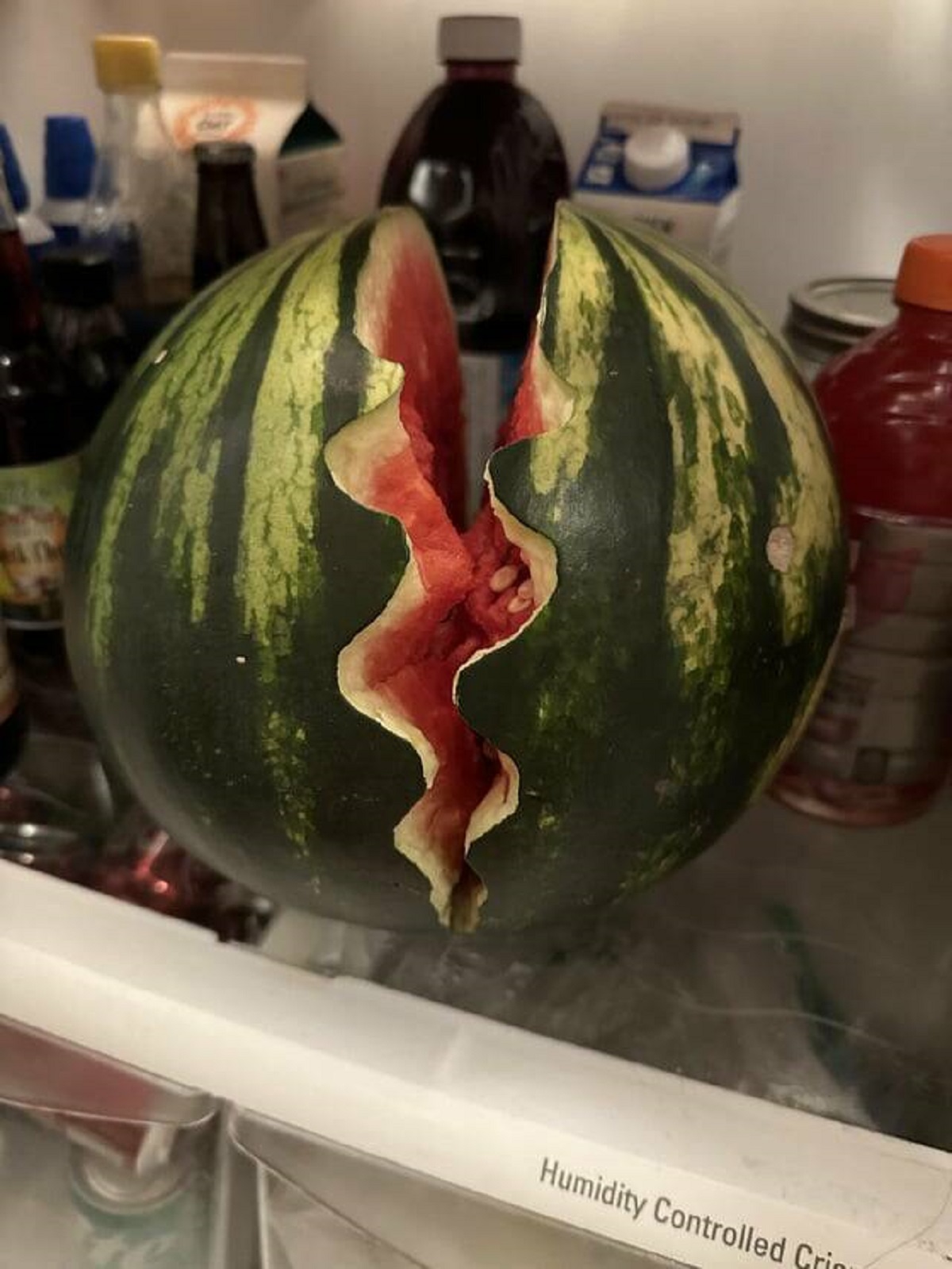 "Dropped this watermelon when I got out of the car after going grocery shopping. Split in the weirdest way"