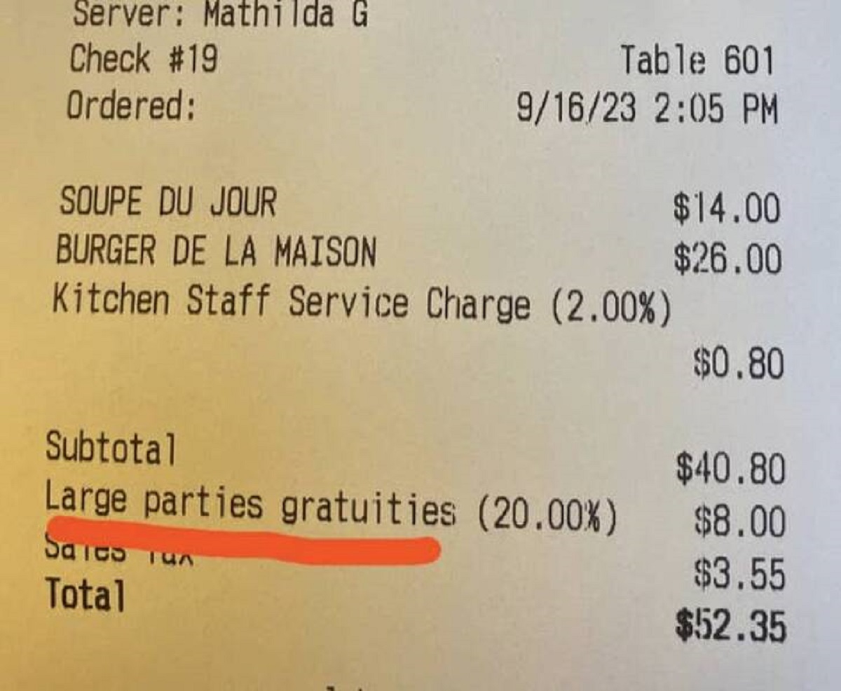 This person who charged a table of two a "large parties gratuity":