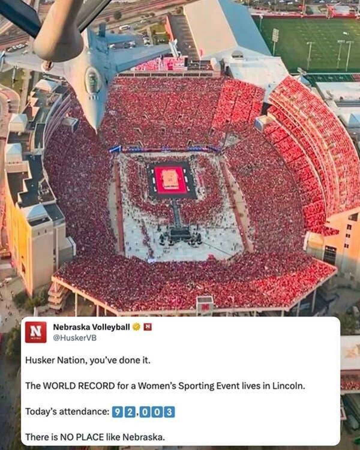 The Nebraska women's volleyball team just set a world record for the most attended women's sporting event of all time, a match against Omaha that was attended by over 92,000 people.