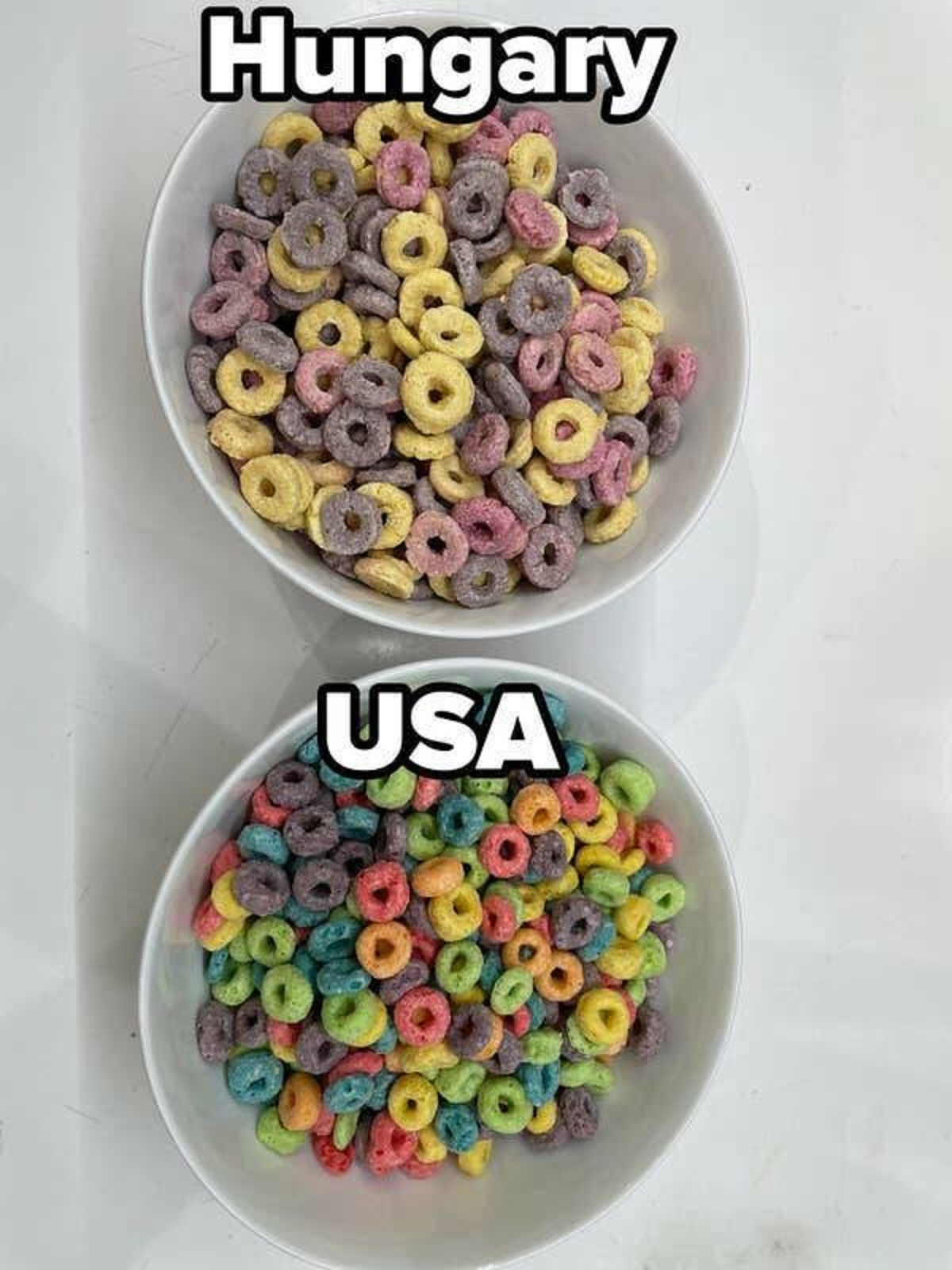 Because they don't allow artificial coloring, American Froot Loops and European Froot Loops are totally different.