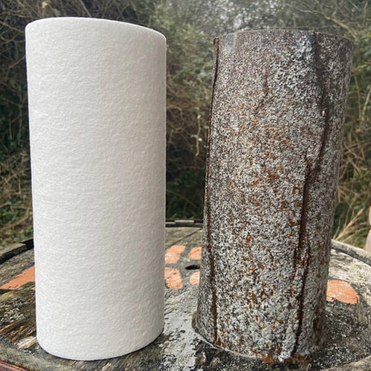 "A new water filter vs the one after a year of use"