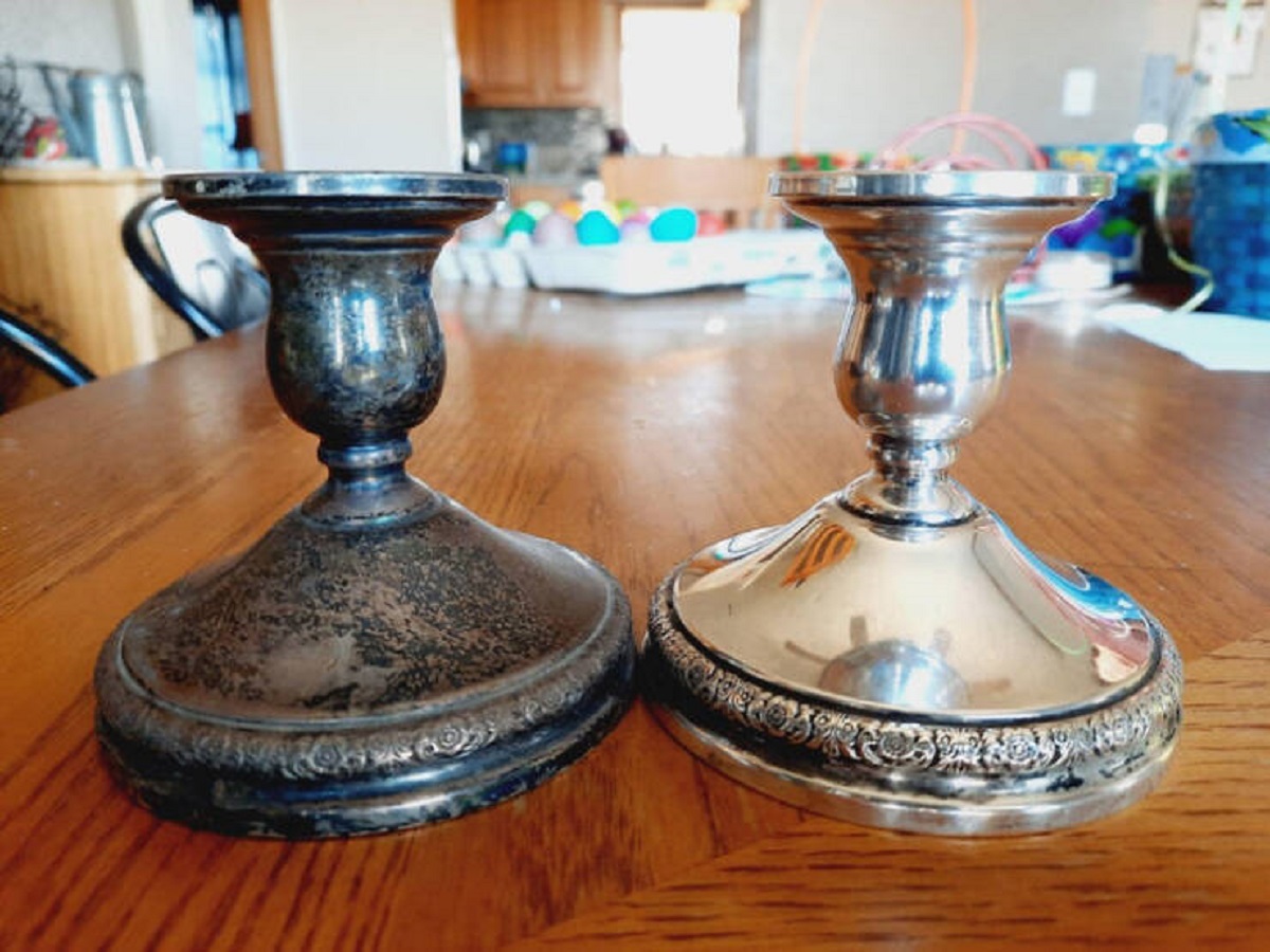 "Unpolished and polished 82-year-old candlesticks"