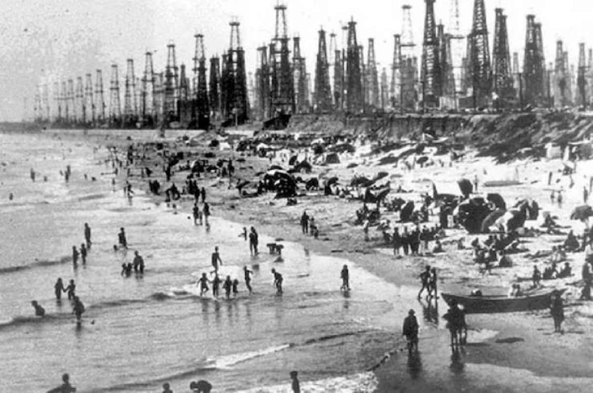 "A field of oil derricks in Huntington Beach, California in the 1920s."