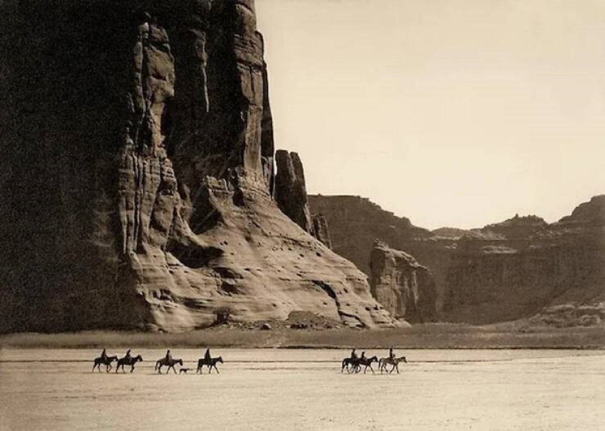 "Navajo riders crossing Arizona’s Canyon de Chelly in 1904."