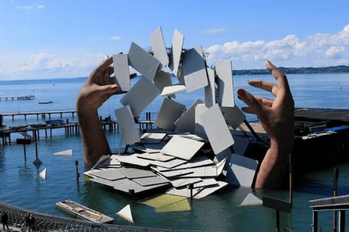 "These giant hands and playing cards for a floating stage."