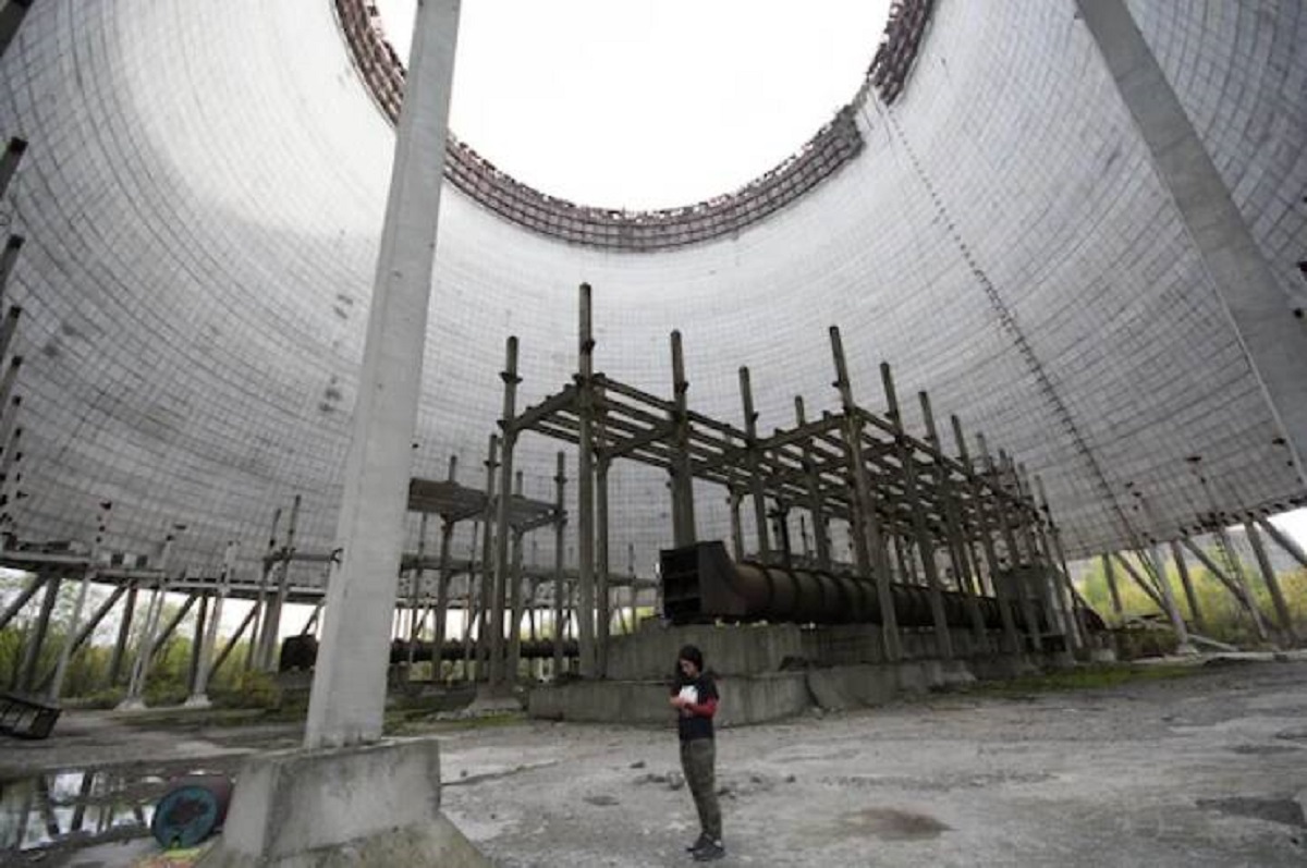 "One of the unfinished cooling towers for reactors 5 & 6 in the Chernobyl Nuclear power plant."