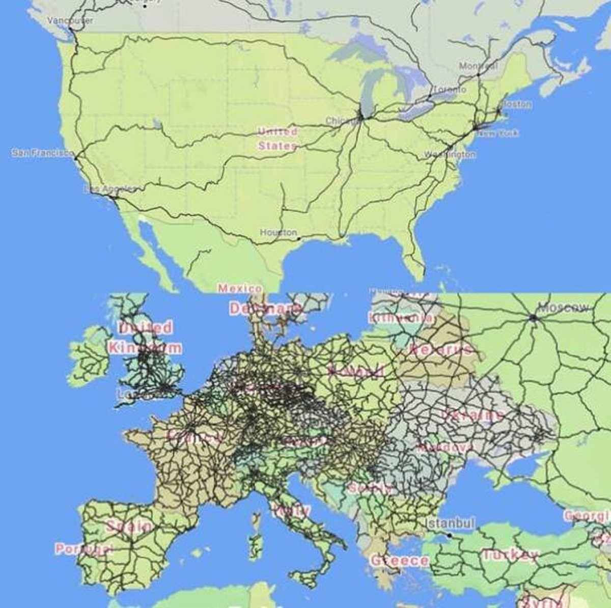 This is roughly how many passenger trains there are in the USA compared with Europe: