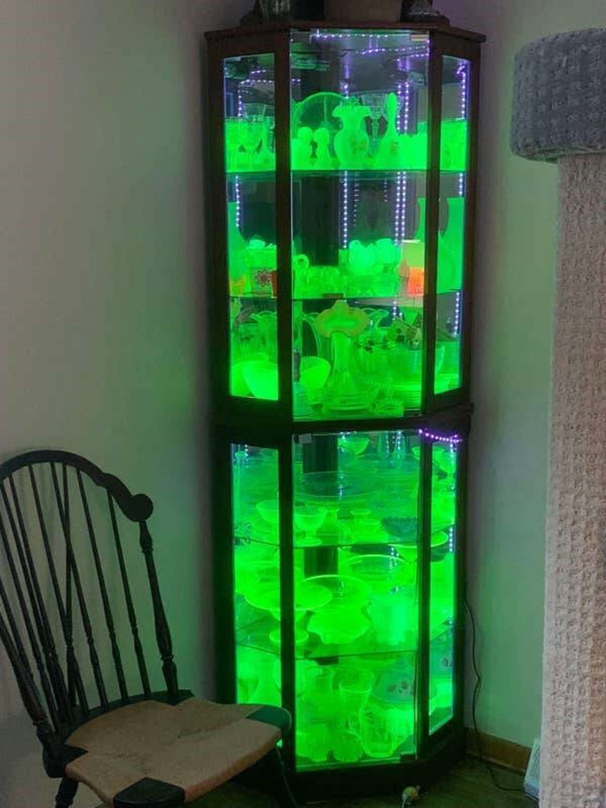This is what a cabinet full of uranium glass looks like under UV light: