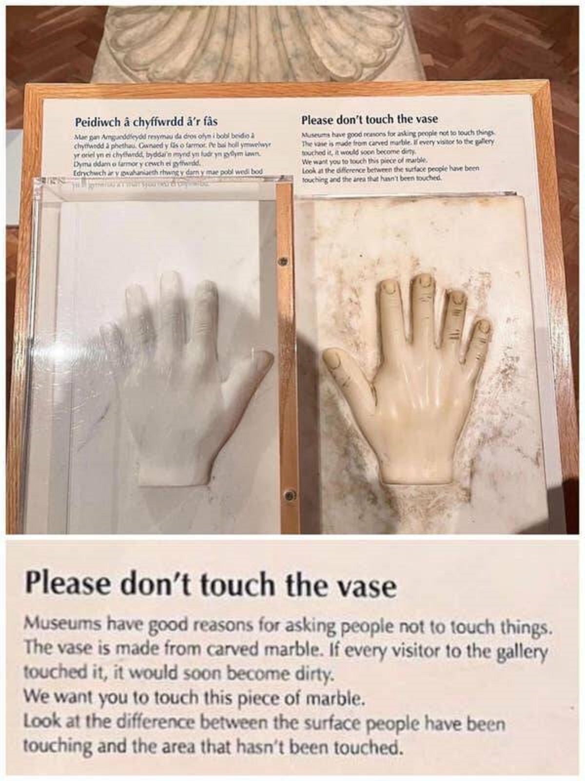 This exhibit shows what happens to marble over time if people are allowed to stick their grubby little paws all over it:
